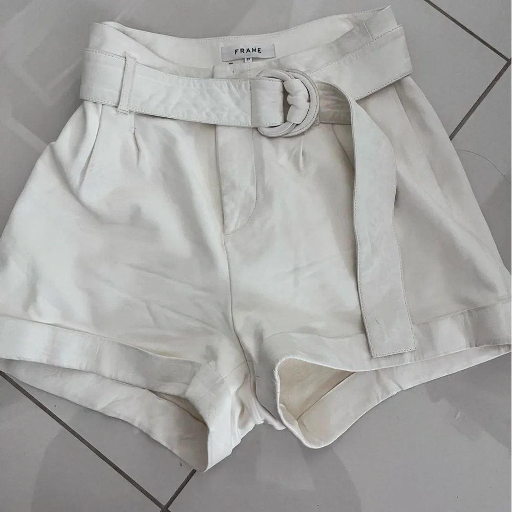 Frame Denim High Waist Cream bone lamb leather Belted Shorts - Picture 1 of 6